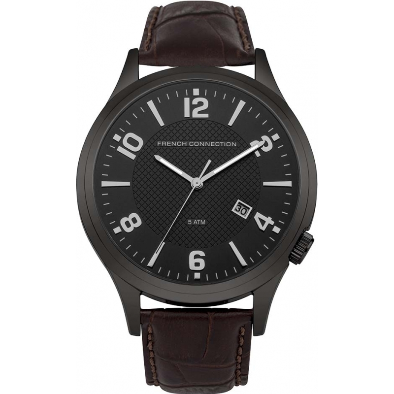 French Connection Mens Black Brown Leather Strap Watch