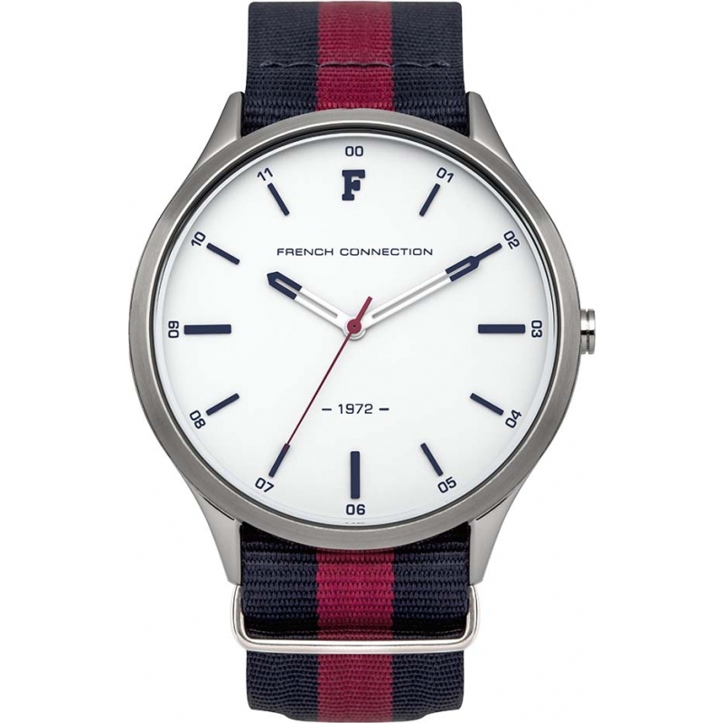 French Connection Mens Red Blue Striped Fabric Strap Watch