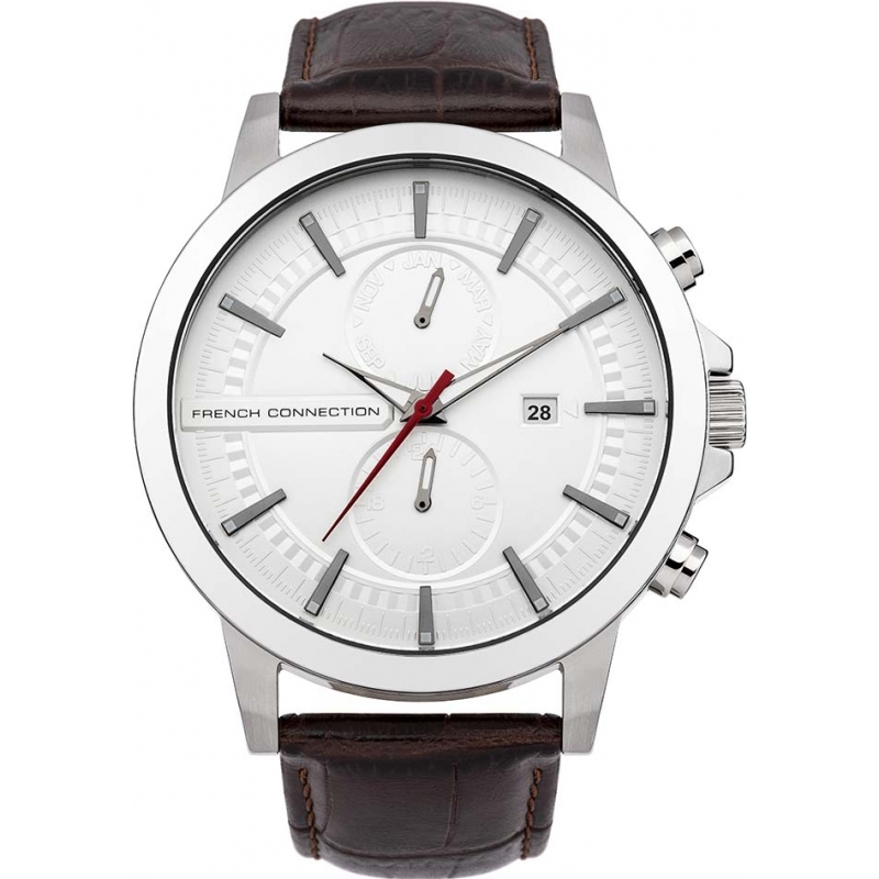 French Connection Mens White Brown Leather Strap Watch