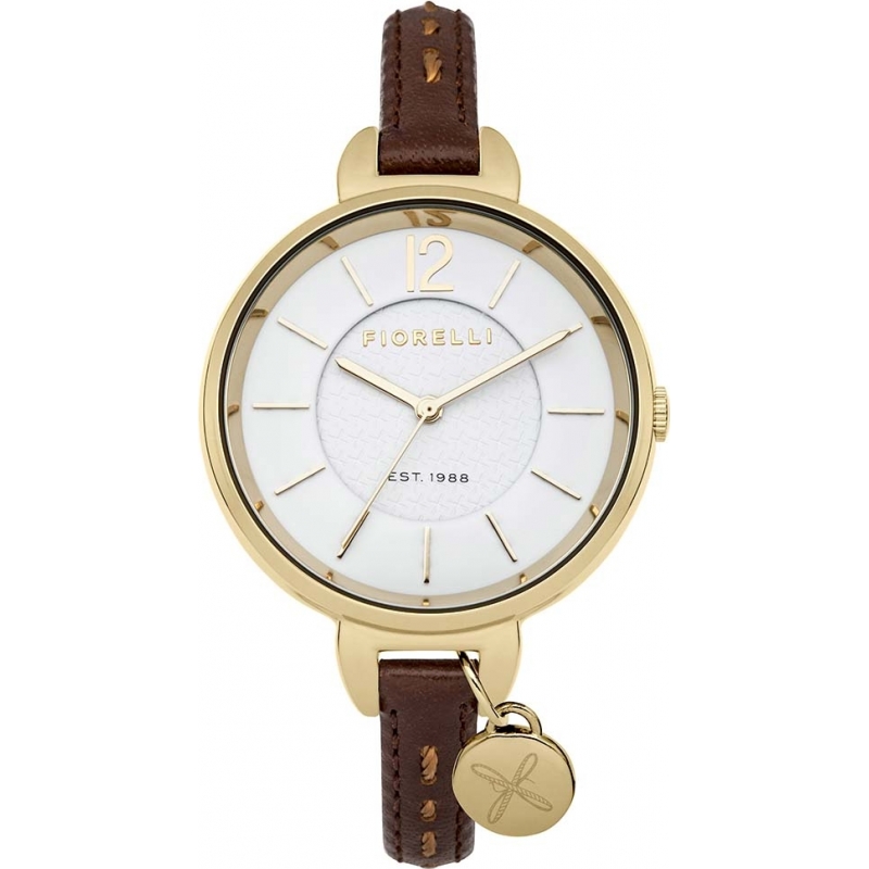 Fiorelli Ladies Brown Skinny Leather Strap Watch with Kiss Logo Charm