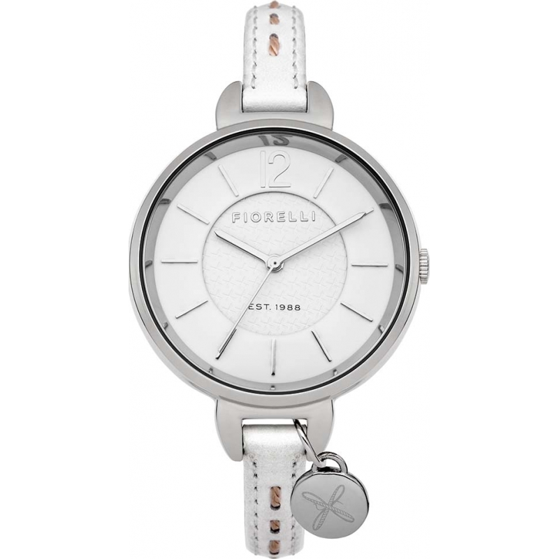 Fiorelli Ladies White Skinny Leather Strap Watch with Kiss Logo Charm