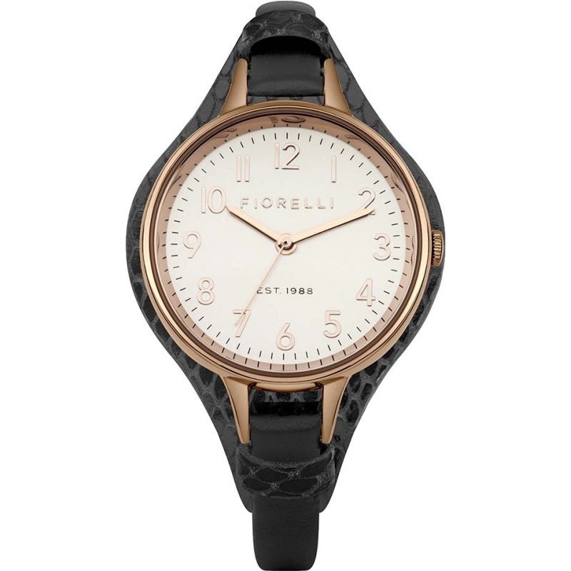 Fiorelli Ladies Rose Gold Plated Black Leather Cuff Watch