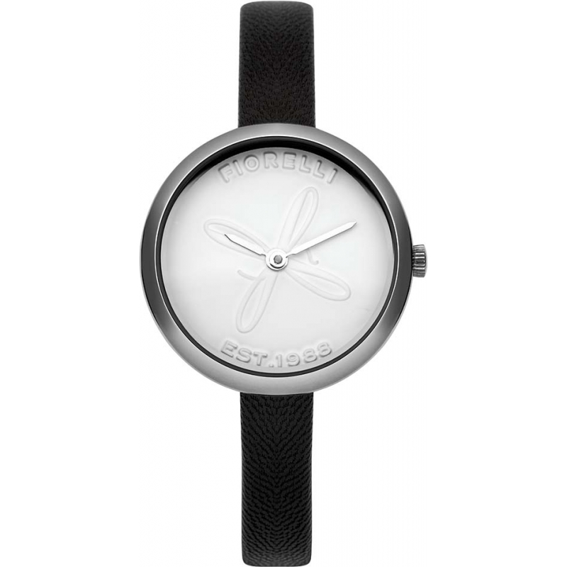 Fiorelli Ladies Silver Black Skinny Leather Strap Watch