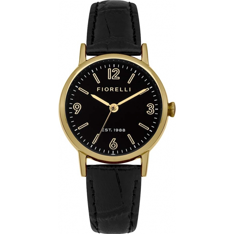 Fiorelli Ladies Gold Plated Black Leather Strap Watch