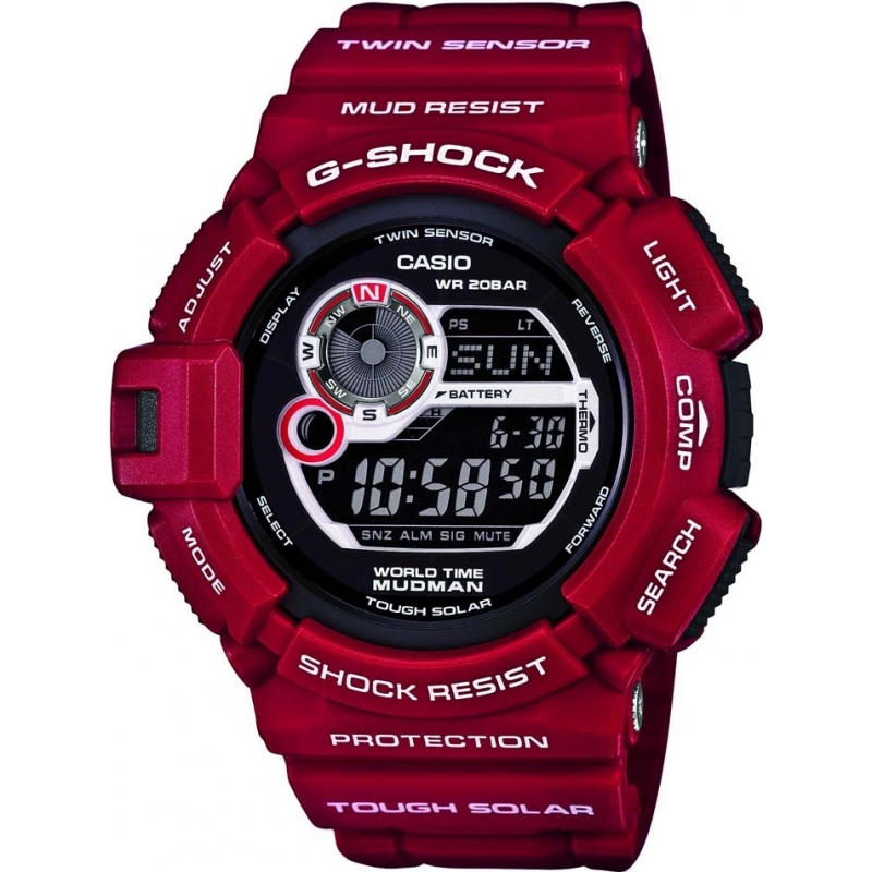 Casio Mens G-Shock Red Resin Solar Powered Compass Watch