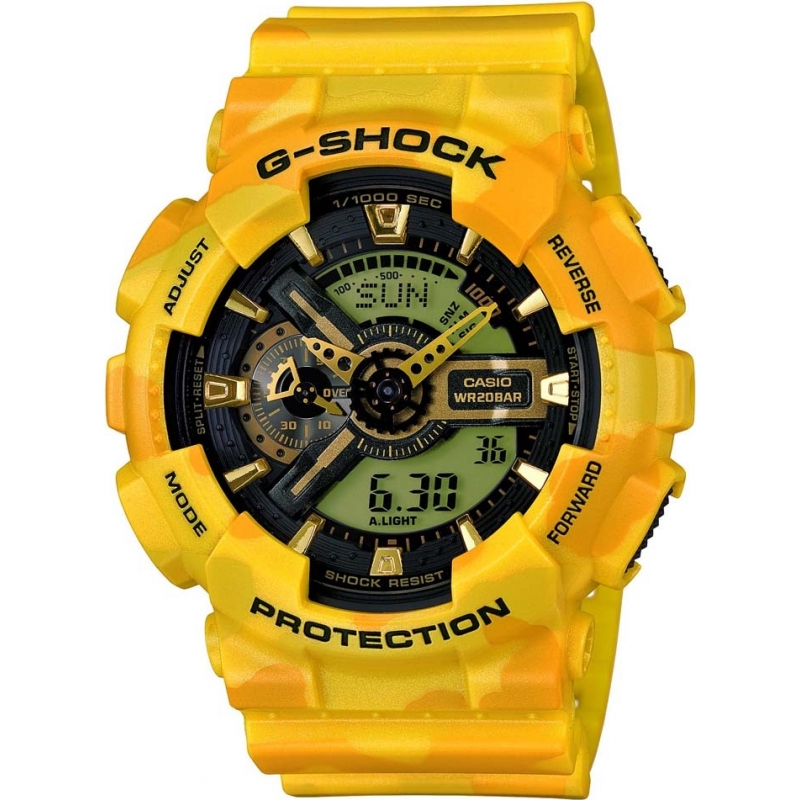 Casio Mens G-Shock Yellow Camo Resin World Time Combi Watch