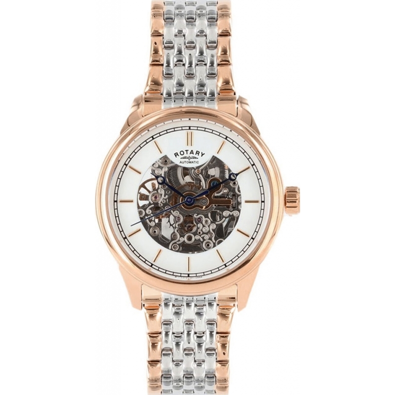 Rotary Mens Timepieces Two Tone Steel Skeleton Automatic Watch