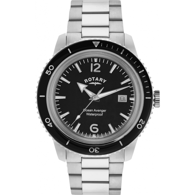 Rotary Mens Timepieces Ocean Avenger Black Silver Steel Watch