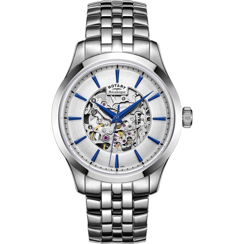 Rotary Mens Silver Tone Steel Skeleton Mechanical Watch