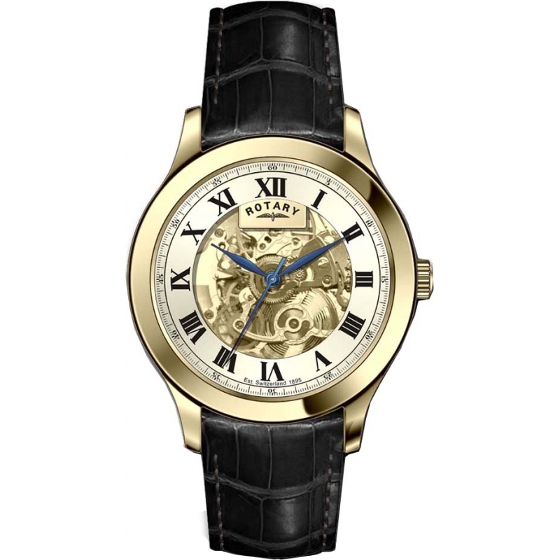 Rotary Mens Timepieces Gold Plated Skeleton Automatic Watch