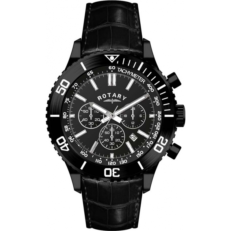 Rotary Mens Black IP Chronograph Leather Strap Watch