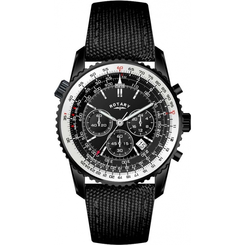 Rotary Mens Black IP Chronograph Fabric Strap Watch