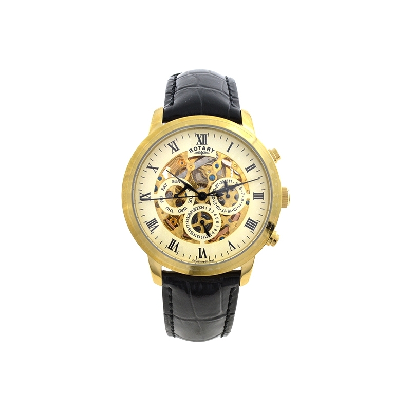 Rotary Mens Timepieces Gold Plated Skeleton Automatic Watch