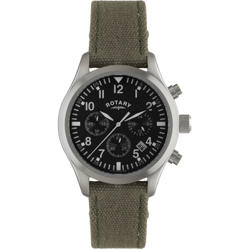 Rotary Mens Timepieces Pilot Chronograph Khaki Canvas Strap Watch