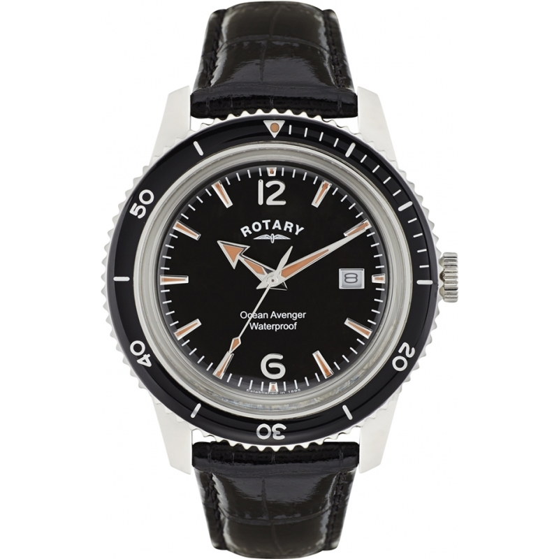 Rotary Mens Timepieces Ocean Avenger Black Leather Strap Watch