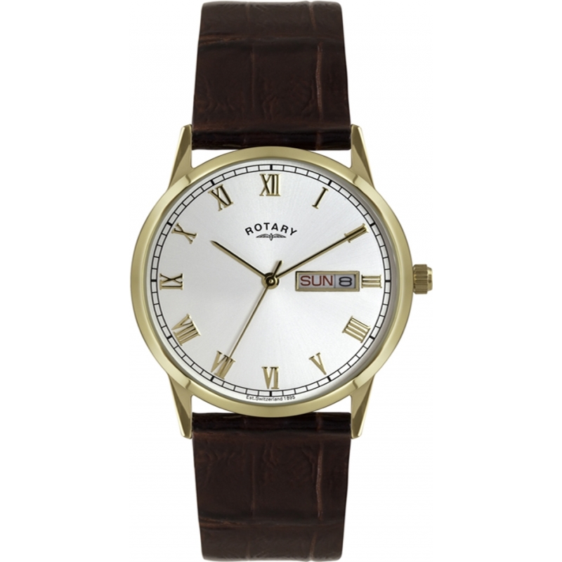 Rotary Mens Timepieces White and Brown Leather Strap Watch