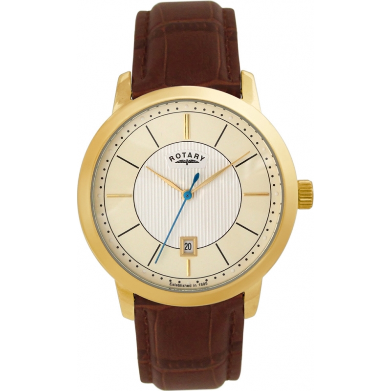 Rotary Mens Gold Plated Brown Leather Strap Watch