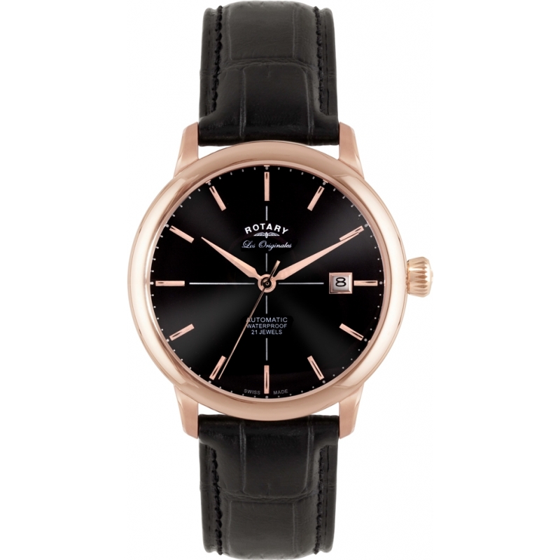 Rotary Mens Les Originales Automatic Rose Gold Black Watch