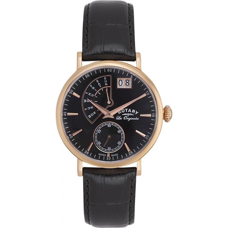 Rotary Mens Les Originales Big Date Rose Gold Black Watch