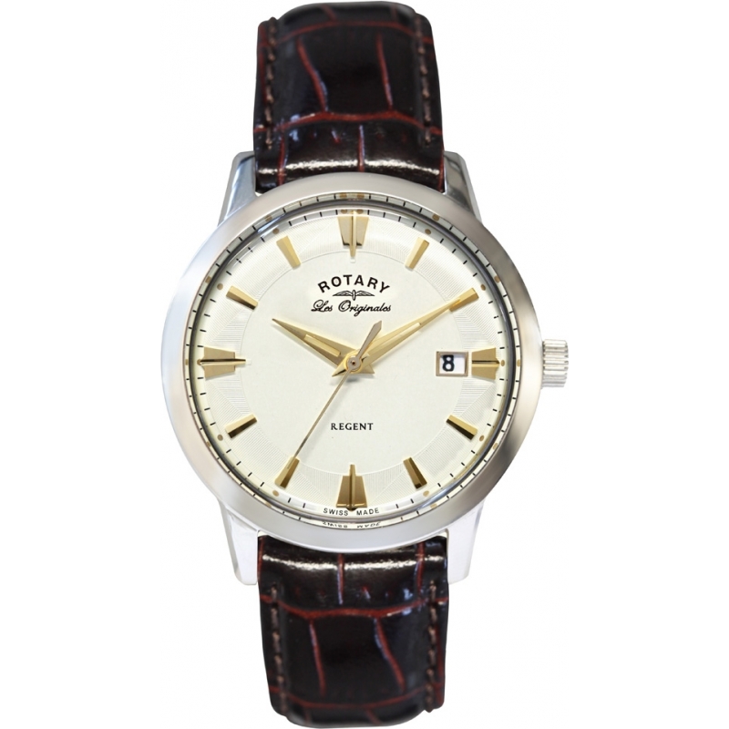 Rotary Mens Les Originales Regent Steel Brown Leather Strap Watch