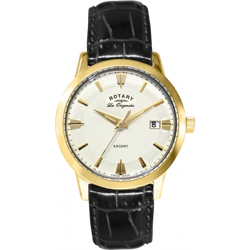 Rotary Mens Les Originales Regent Gold Black Leather Strap Watch