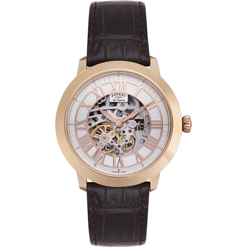 Rotary Mens Les Originales Automatic Skeleton Rose Gold Brown Watch