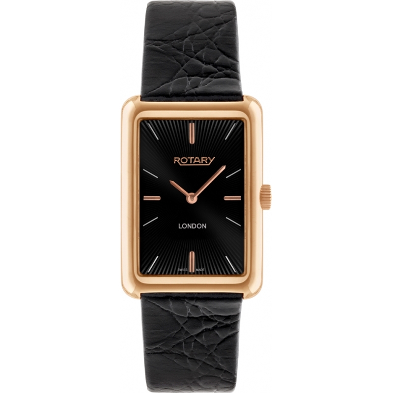 Rotary Mens Timepieces London Rose Gold Black Leather Strap Watch