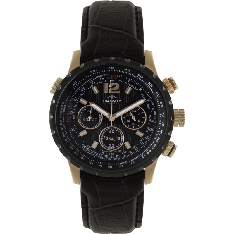Rotary Mens Aquaspeed Pilot Chronograph Black Leather Strap Watch