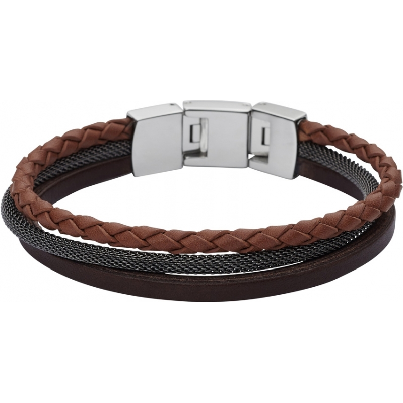 Fossil Mens Casual Brown Leather Multi Strap Bracelet