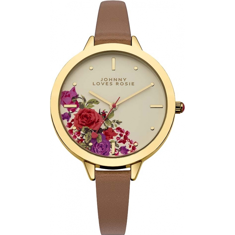 Johnny Loves Rosie Ladies Gold Plated Tan Strap Watch