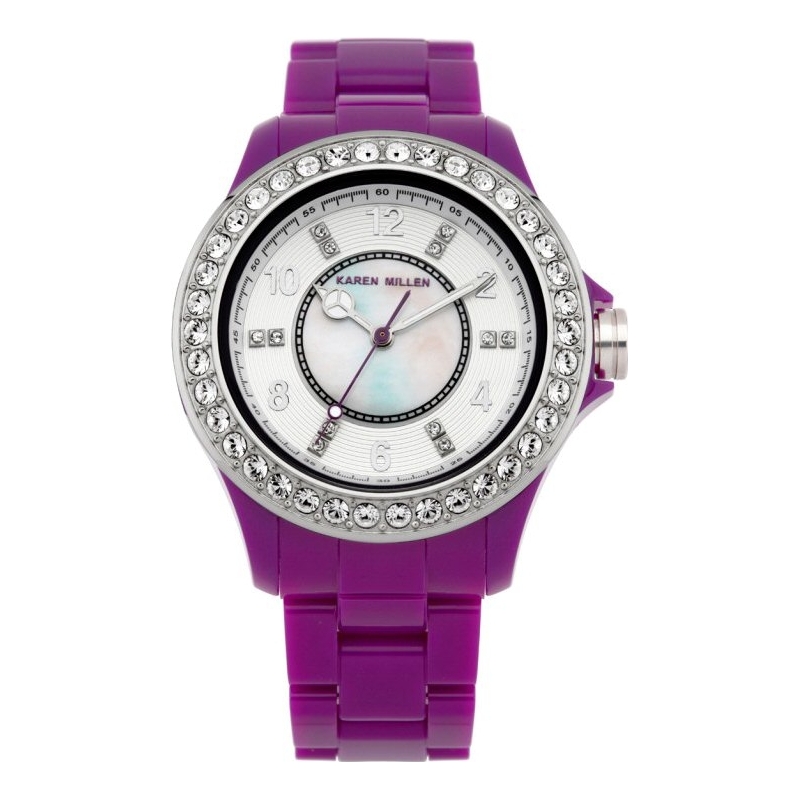 Karen Millen Ladies All White Purple Stones Watch