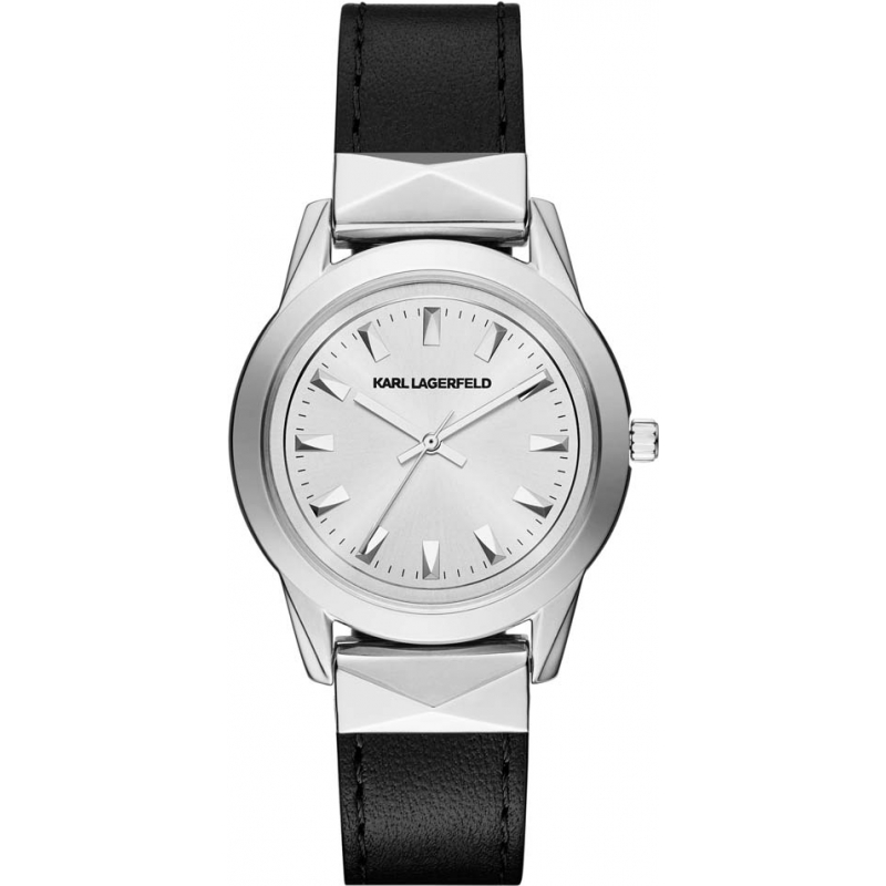 Karl Lagerfeld Ladies Labelle Stud Sleek Black Leather Strap Watch