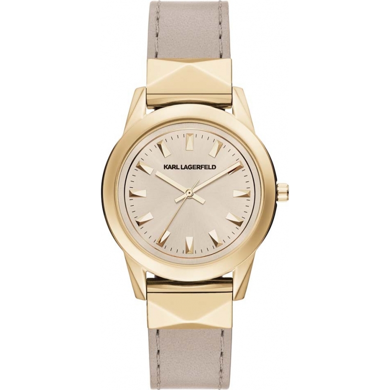 Karl Lagerfeld Ladies Labelle Stud Sleek Grey Leather Strap Watch