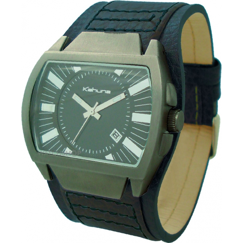 Kahuna Mens Black Leather Cuff Watch