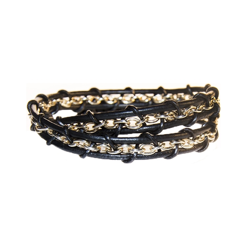Nevine Crystals Double Wrap Gold Plated Chain and Leather Bracelet