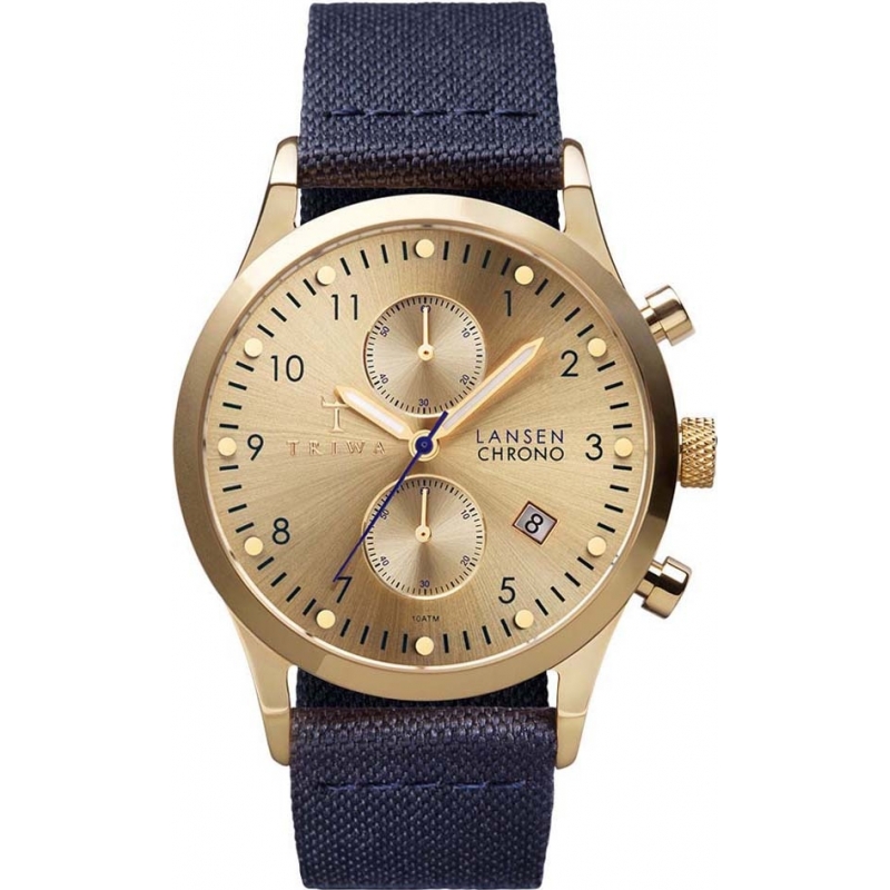 Triwa Gold Lansen Dark Blue Leather Strap Chrono Watch