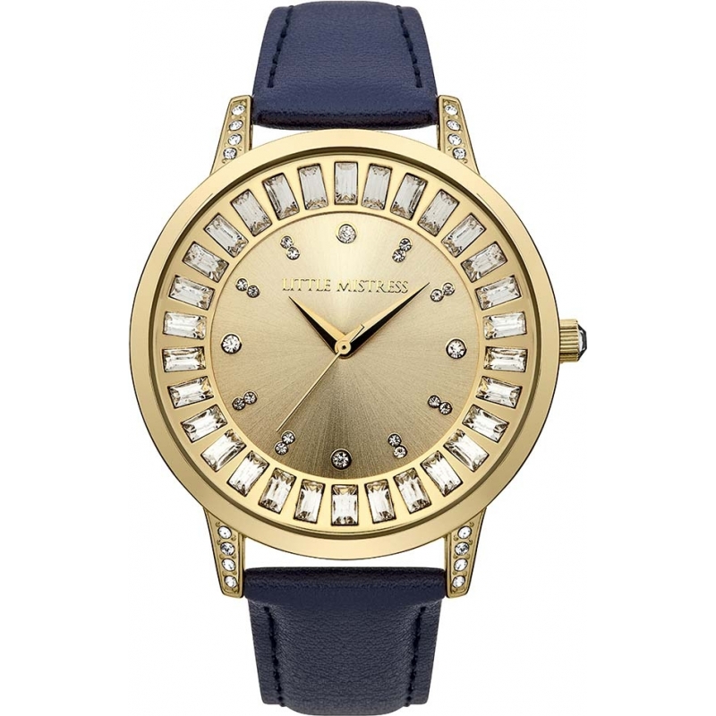 Little Mistress Ladies Gold Stone Set Blue PU Leather Strap Watch