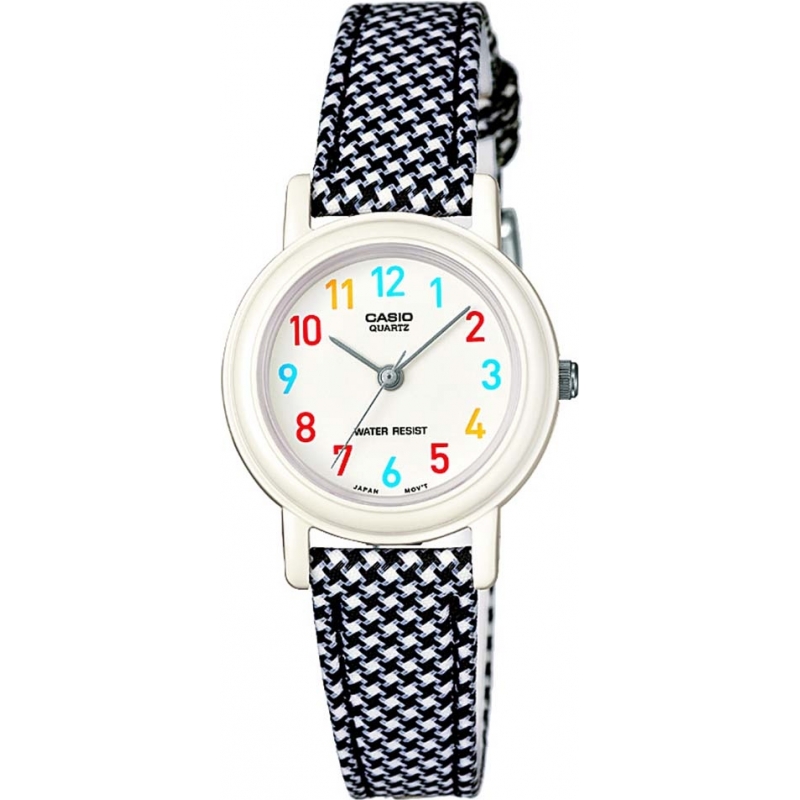 Casio Junior Collection Black and White Leather Cloth Strap Watch