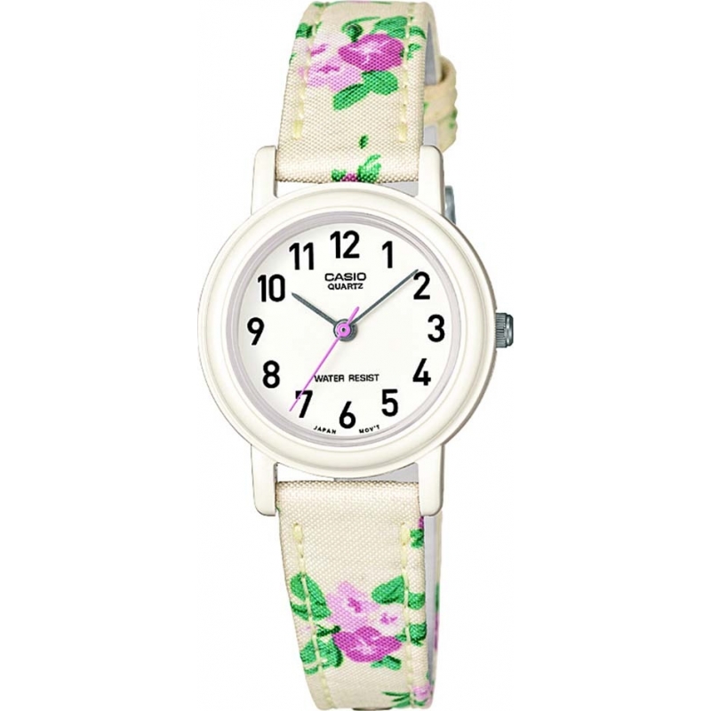 Casio Junior Collection White Flowered Leather Cloth Strap Watch