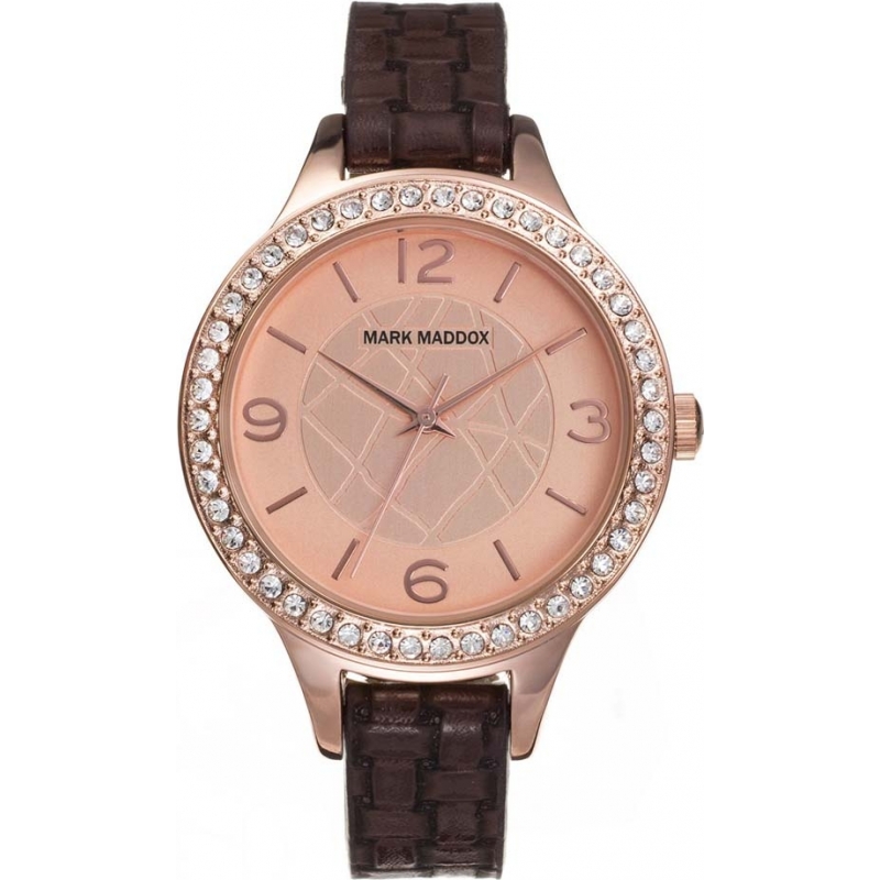 Mark Maddox Ladies Pink Gold Stone Set Brown Leather Strap Watch