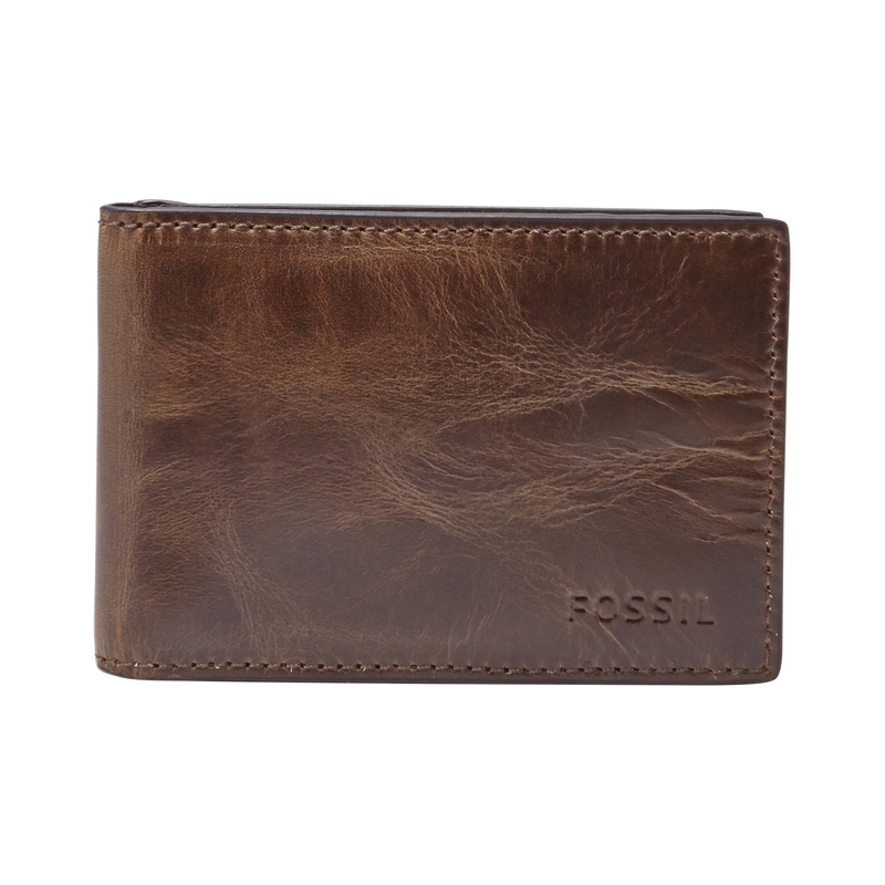 Fossil Mens Derrick Dark Brown Money Clip Bifold Wallet