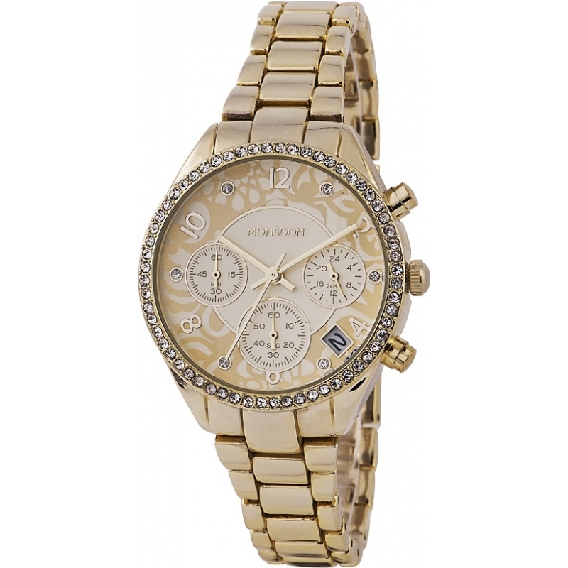 Monsoon Ladies Stone Set Gold Chronograph Watch