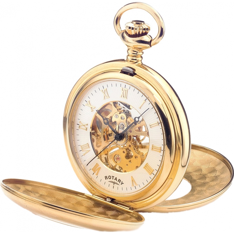 Rotary Mens Mechanical Skeleton Gold Plated Pocket Watch