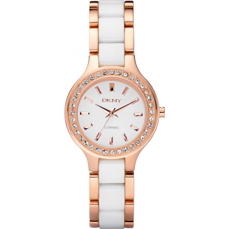 DKNY Ladies Chambers Ceramic White Rose Gold Watch