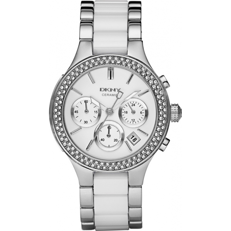 DKNY Ladies Chambers Cerami Silver Chronograph Watch