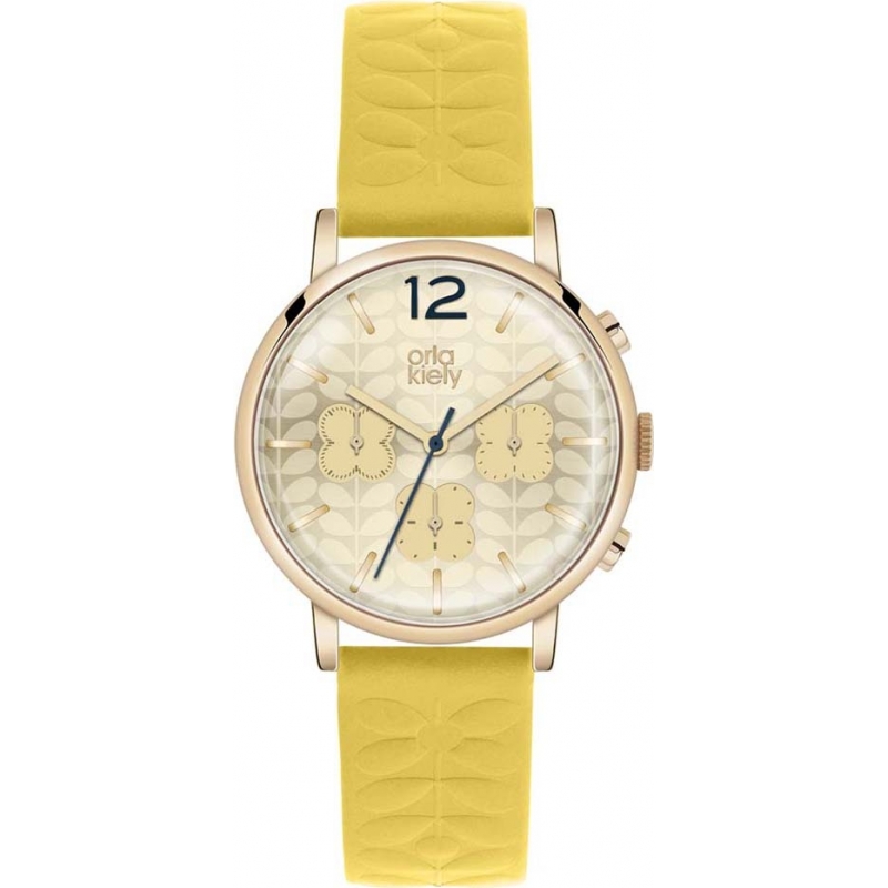 Orla Kiely Ladies Gold Chronograph Yellow Leather Strap Watch