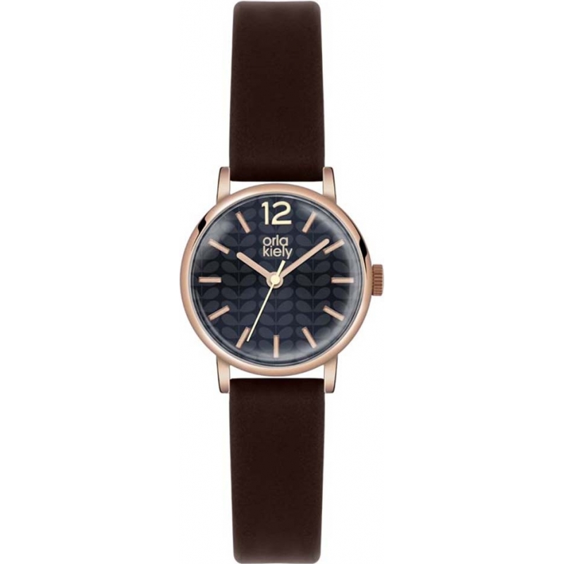 Orla Kiely Ladies Navy Sunray Dark Brown Leather Strap Watch