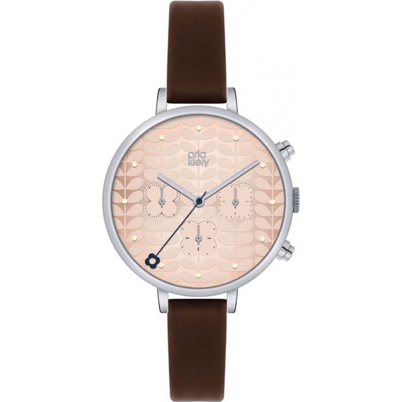 Orla Kiely Ladies Pink Chronograph Dark Brown Leather Strap Watch