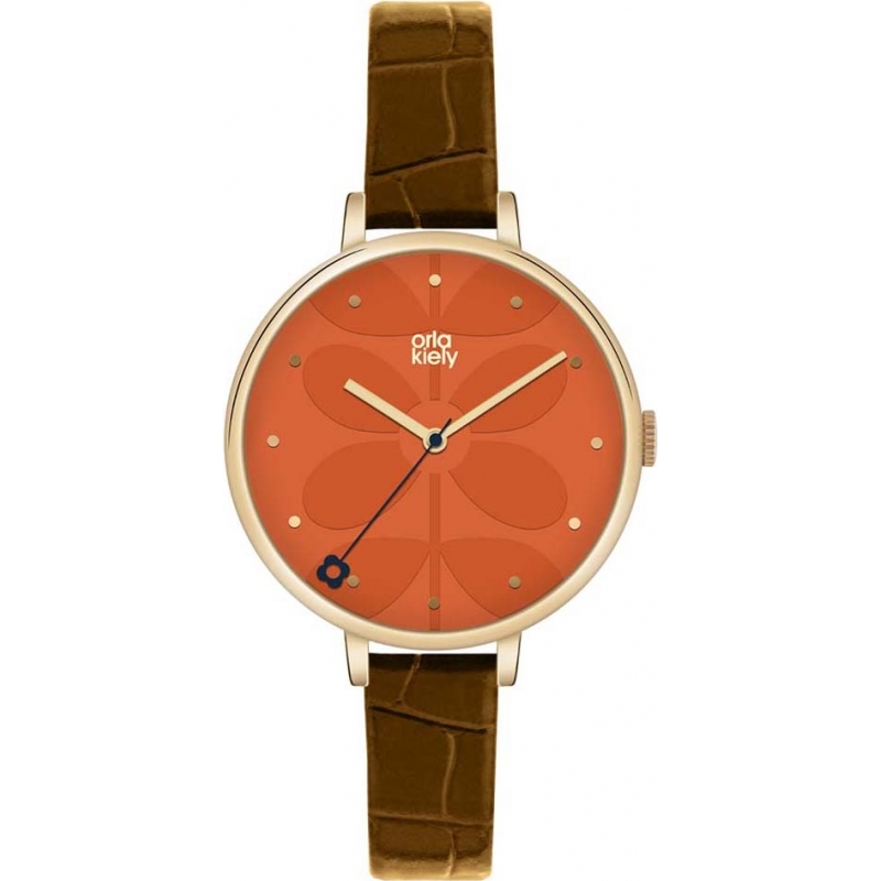 Orla Kiely Ladies Matte Orange Brown Leather Strap Watch