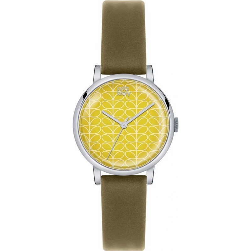 Orla Kiely Ladies Yellow Stem Print Olive Leather Strap Watch